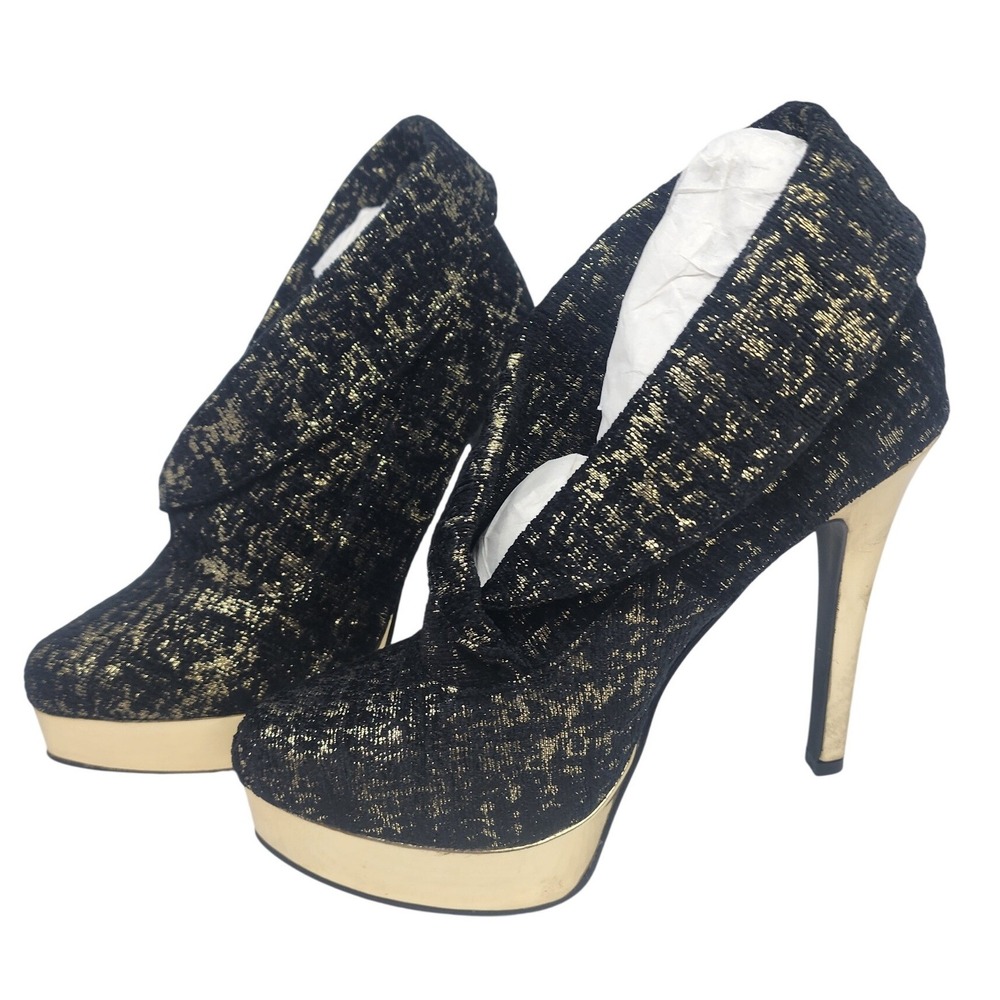 Chinese Laundry Womens Black Gold Metallic Brocade Platform Booties Heels‎ 9.5M